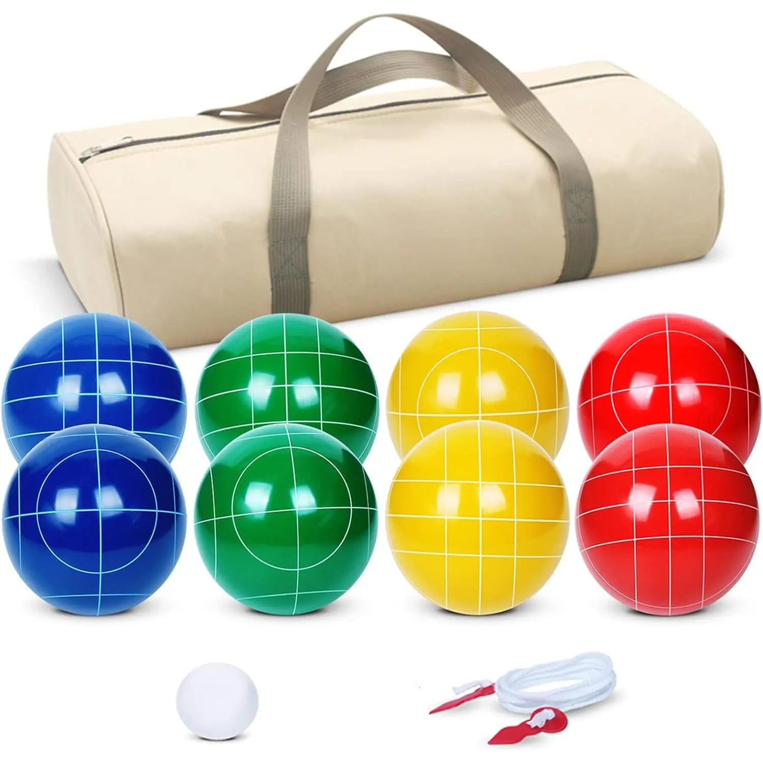 100mm Bocce Ball Set Regulation Size and Weight with 8 Resin Bochie Balls, Pallino, Carrying Bag, Measuring Rope, Gift for Family Backyard Lawn Yard Beach Bocci Games (Multi Colors, 2-8 Players)
