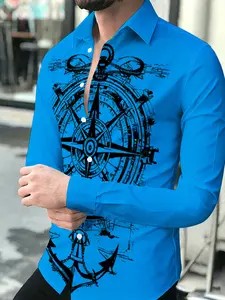 Men's Fashion Long Sleeve Shirt Nautical Style Ship Wheel Anchor Pattern Print Casual Comfortable Slim Fit Versatile Daily Commute Business Casual Trendy Shirt Suitable for leisure and sports scenarios