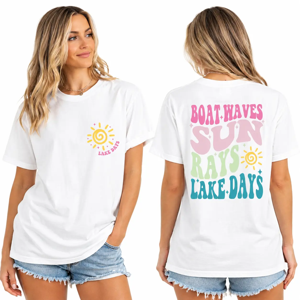 Women Boat Waves Sun Rays Lake Days T Shirt Summer Lake Vacation Two Sided Family Vacay Shirt Lake Trip Casual Daily Wear Graphic Tee