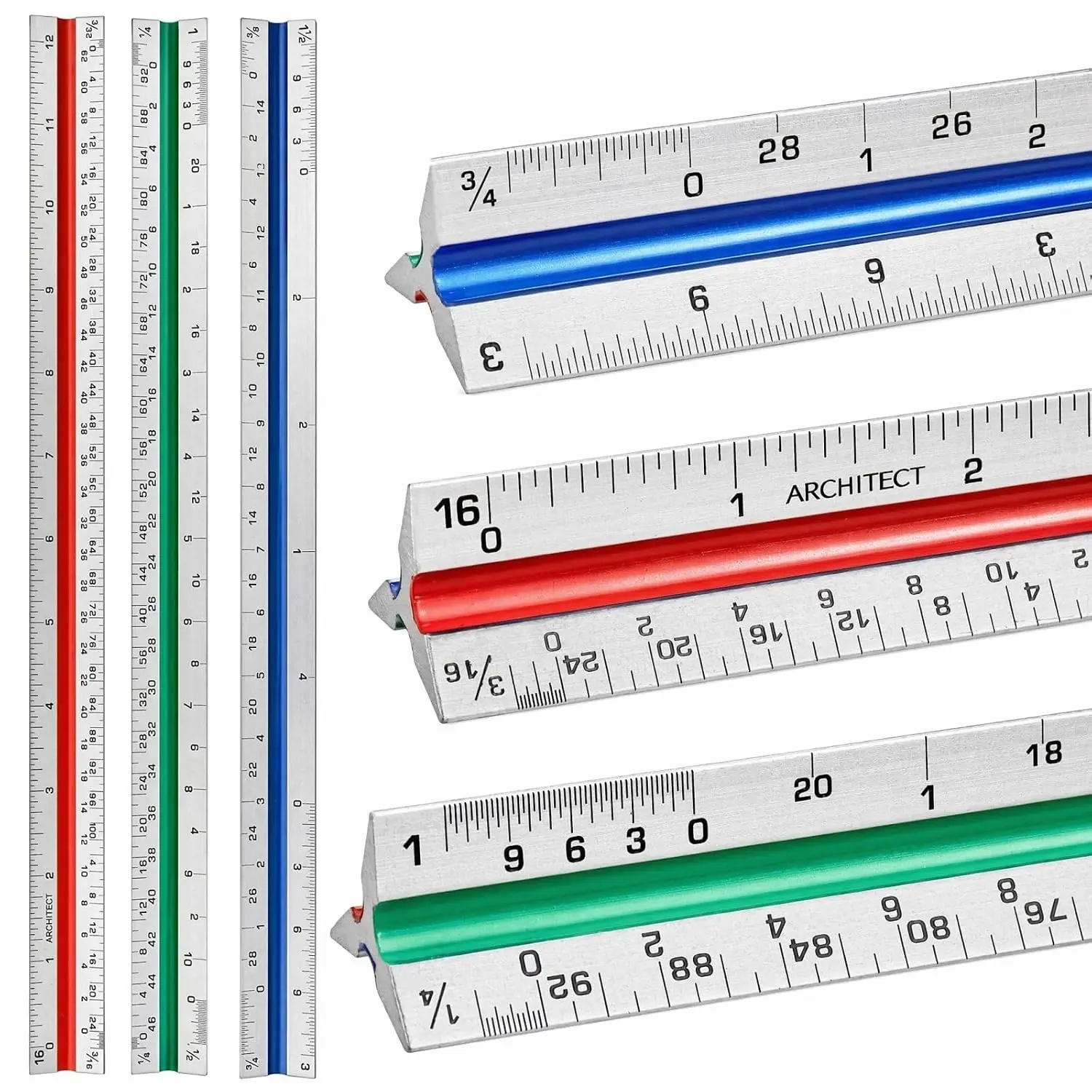 3 Pack 12" Triangular Architect Scale Ruler, Aluminum Color-Coded Grooves for Architects, Students, Draftsman, and Engineers (Imperial)