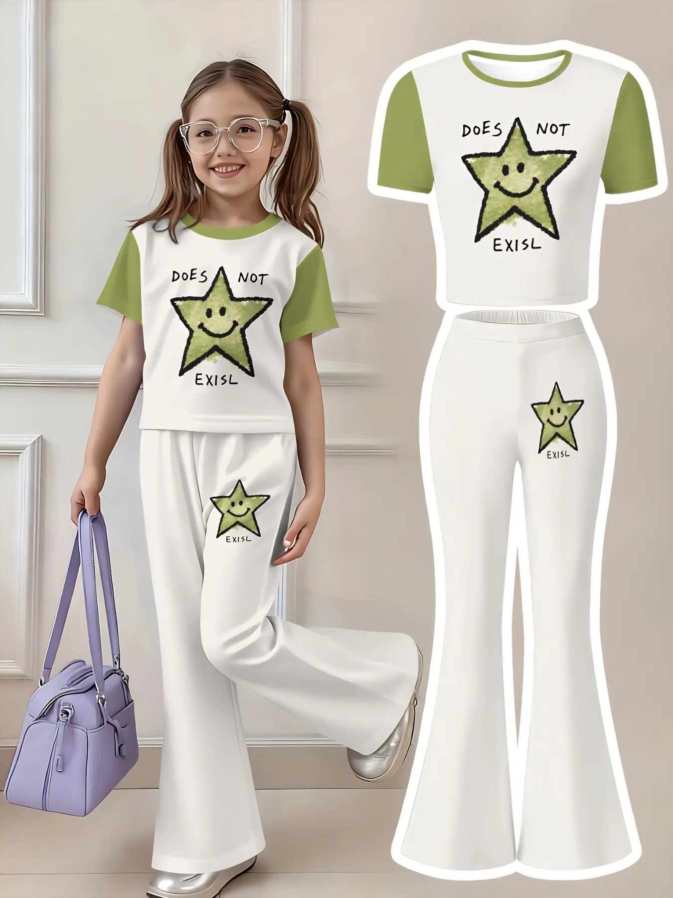 Cute Smiley Star Slogan Print 2 Piece Matching Set Soft Stretchy Raglan Green Crop Short Sleeve Tee White Flare Bell Pants School Casual Playdate Viral Kidcore Summer Fashion
