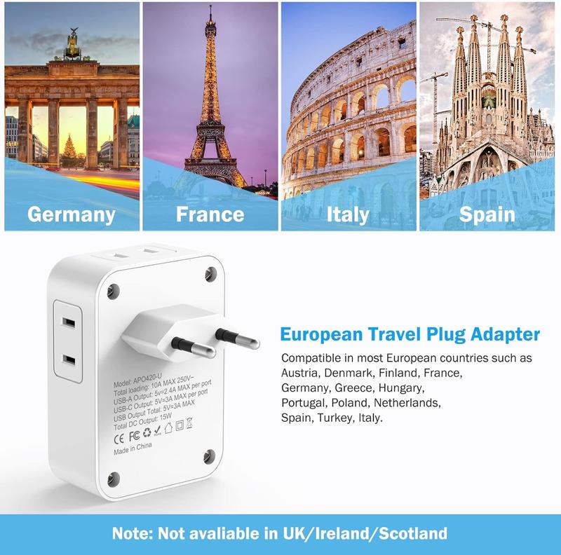 2 Pack European Travel Plug Adapter with USB C,  to  Power Adapters with 4 AC Outlets, 3 USB  Ports, International Plug Adapter, 7 in 1 Travel Essentials for  France Greece