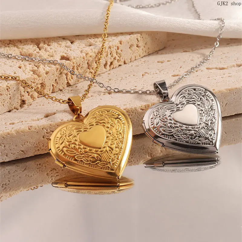 Gold Tone Floral Engraved Heart Locket Necklace, Openable Photo Holder Heart Pendant Chain Necklace For Women