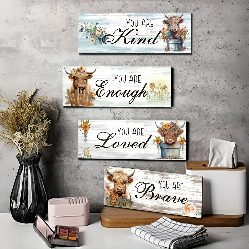 4 Pcs Highland Cow Inspirational Wooden Wall Signs, Floral Farmhouse White Washed Wood Wall Plaques With You Are Kind Loved Enough Brave Quote, Rustic Country Bedroom Living Room Wall Decor Decorative Plaque Motivational Home Ornament