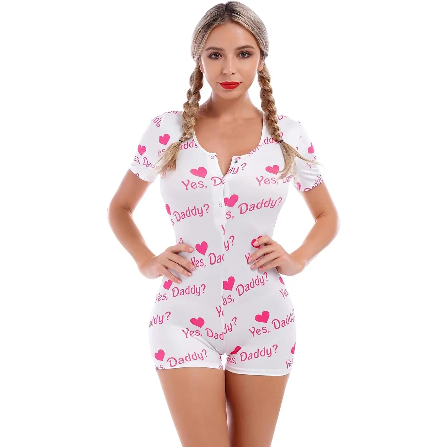 Women Short Sleeve Rompers Sexy One Piece Shorts Bodysuit Playsuit Printed Pajama Button Up Sleep Romper Pjs Lingerie