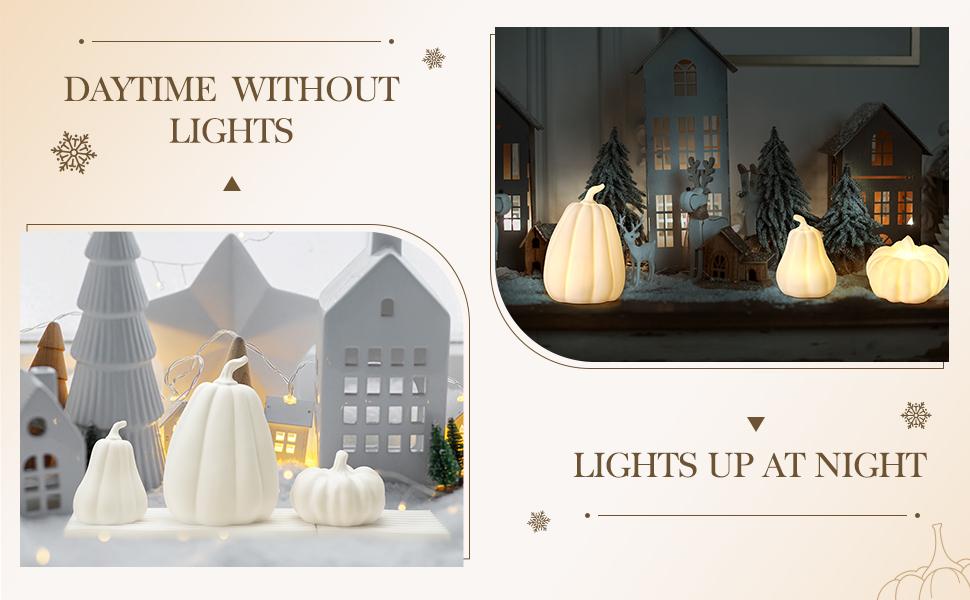 3 Pcs Lighted Ceramic Pumpkin Fall Decorations Autumn Table Centerpiece Porcelain White Pumpkin Figurines for Home Indoor Harvest Tabletop Halloween Thanksgiving Winter Decor