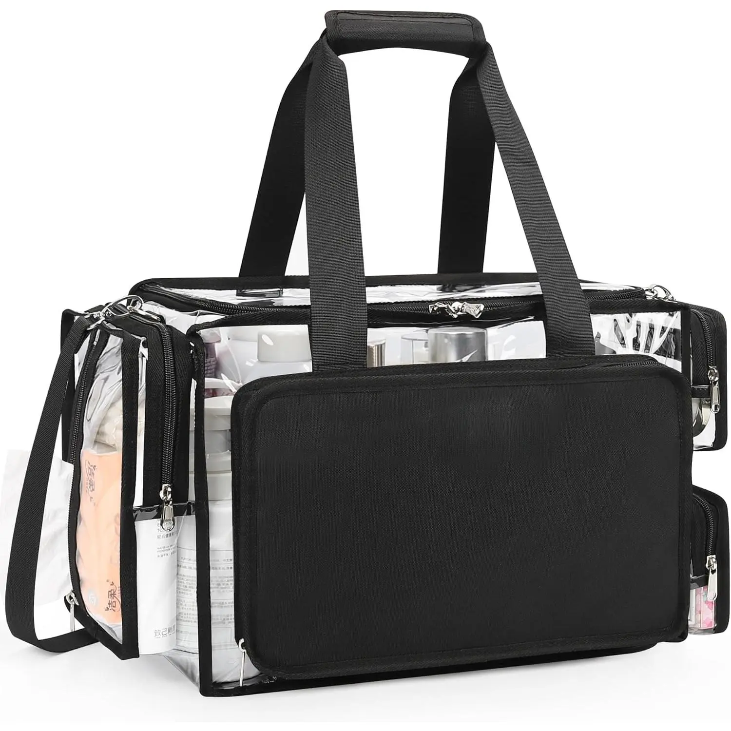 Transparent makeup bag, extra-large makeup artist kit, cosmetic storage and organizer bag, hairstylist travel bag, transparent hand luggage bag, beach toiletry bag with adjustable dividers and shoulder strap