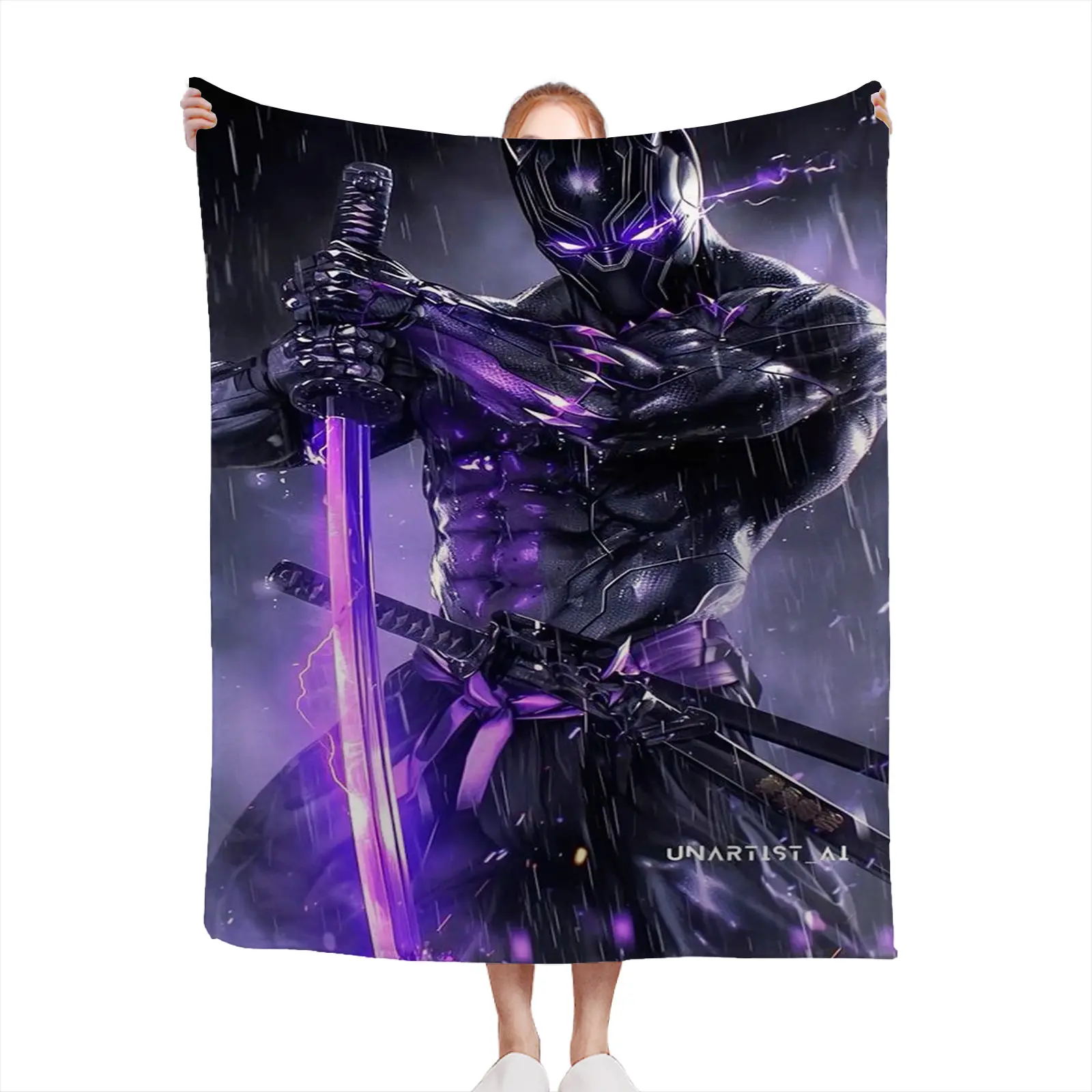 Soft Cozy Throw Blanket Flannel Purple Black Panther Warrior Print Lightweight Warm For Bedroom Living Room Gift For Fan Black--18