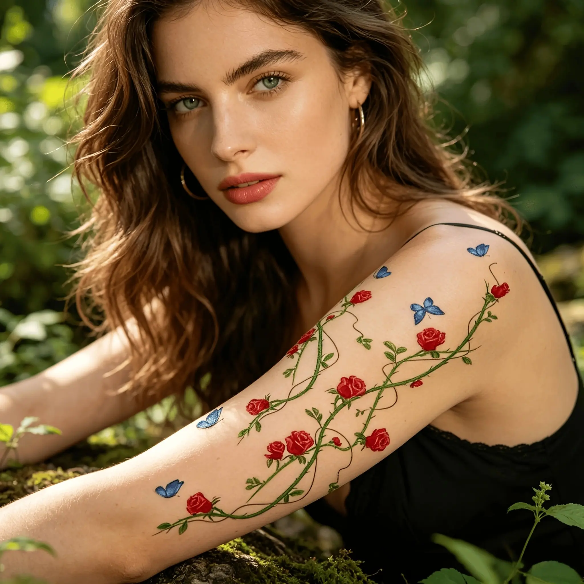 2 Pcs Rose Plum Blossom Ring Arm Tattoo Stickers, Butterfly Pattern Design, Temporary Body Art Decor, Fake Tattoos for Arms, Ephemeral Tattoos