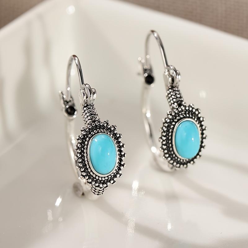 A Pair of Fashionable Inlaid Green Color Stone Earrings, Women's Bohemian Style Retro Trendy Accessory Gift