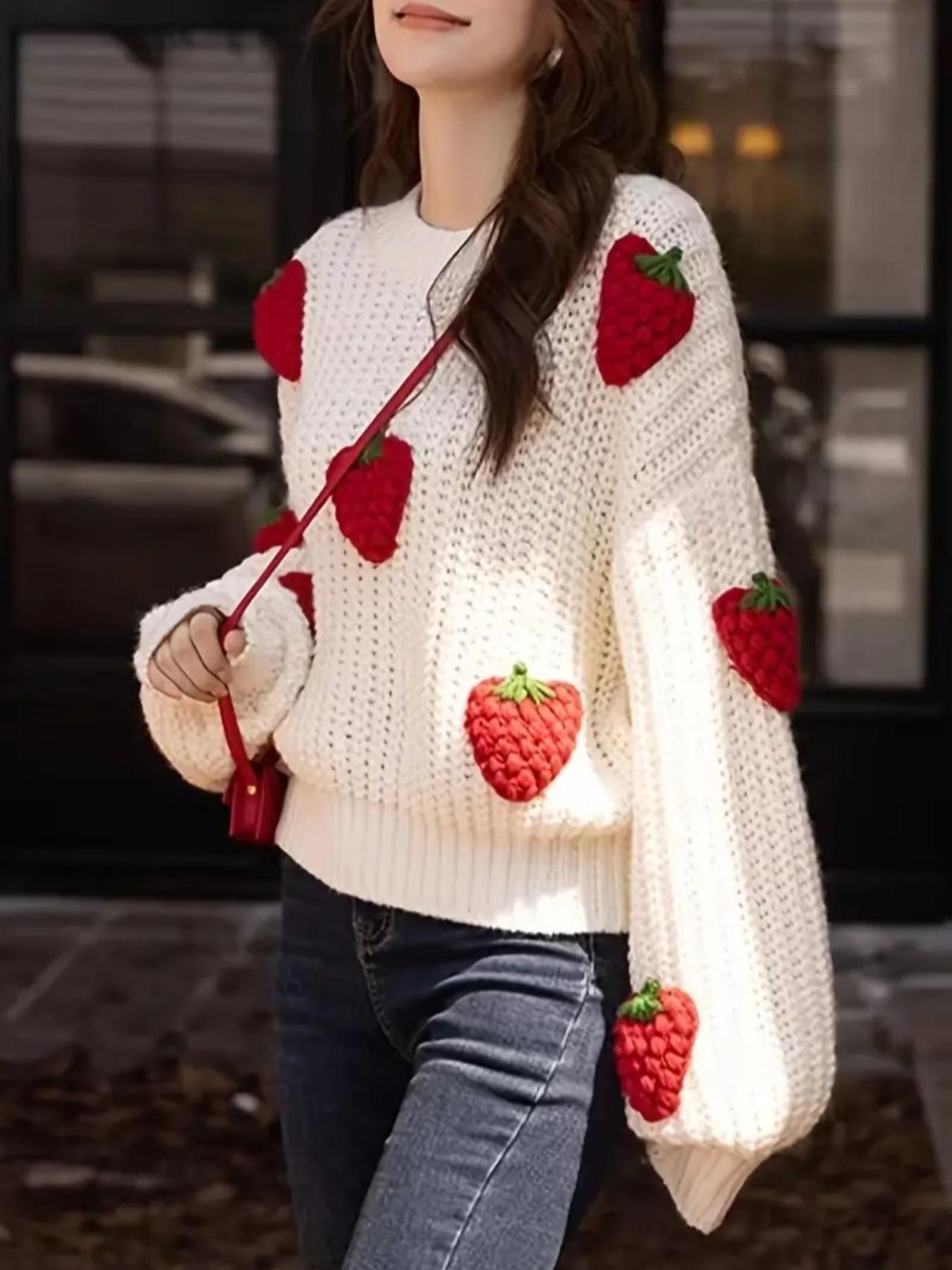 Women's Strawberry Pattern Drop Shoulder Sweater, Casual Long Sleeve Round Neck Jumper for Fall & Winter, Fashion Ladies' Knitwear for Daily Wear, Going Out Tops, Sweaters for Women