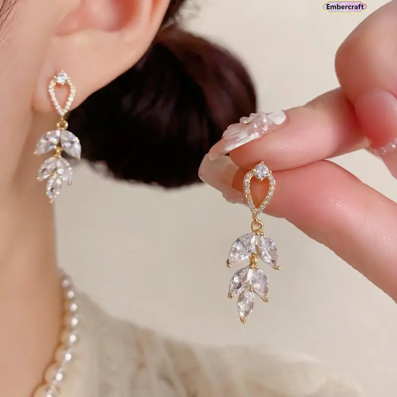 Women's Lightweight Cubic Zirconia Leaf Tassel Earrings - Sparkling Crystal Dangle Jewelry, Elegant Dainty Female Fashion Accessory for Daily Wear, Birthday, Wedding Gift, Cubic Zirconia Earrings, Party Wear, Drop Earrings