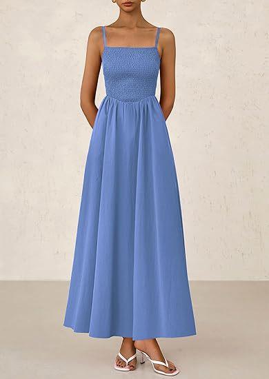 Sleeveless Suspender Solid Color Stitching A-line Beach Vacation Dress Women's Thin Shoulder Pleated Vest Pocket Commuting Dress