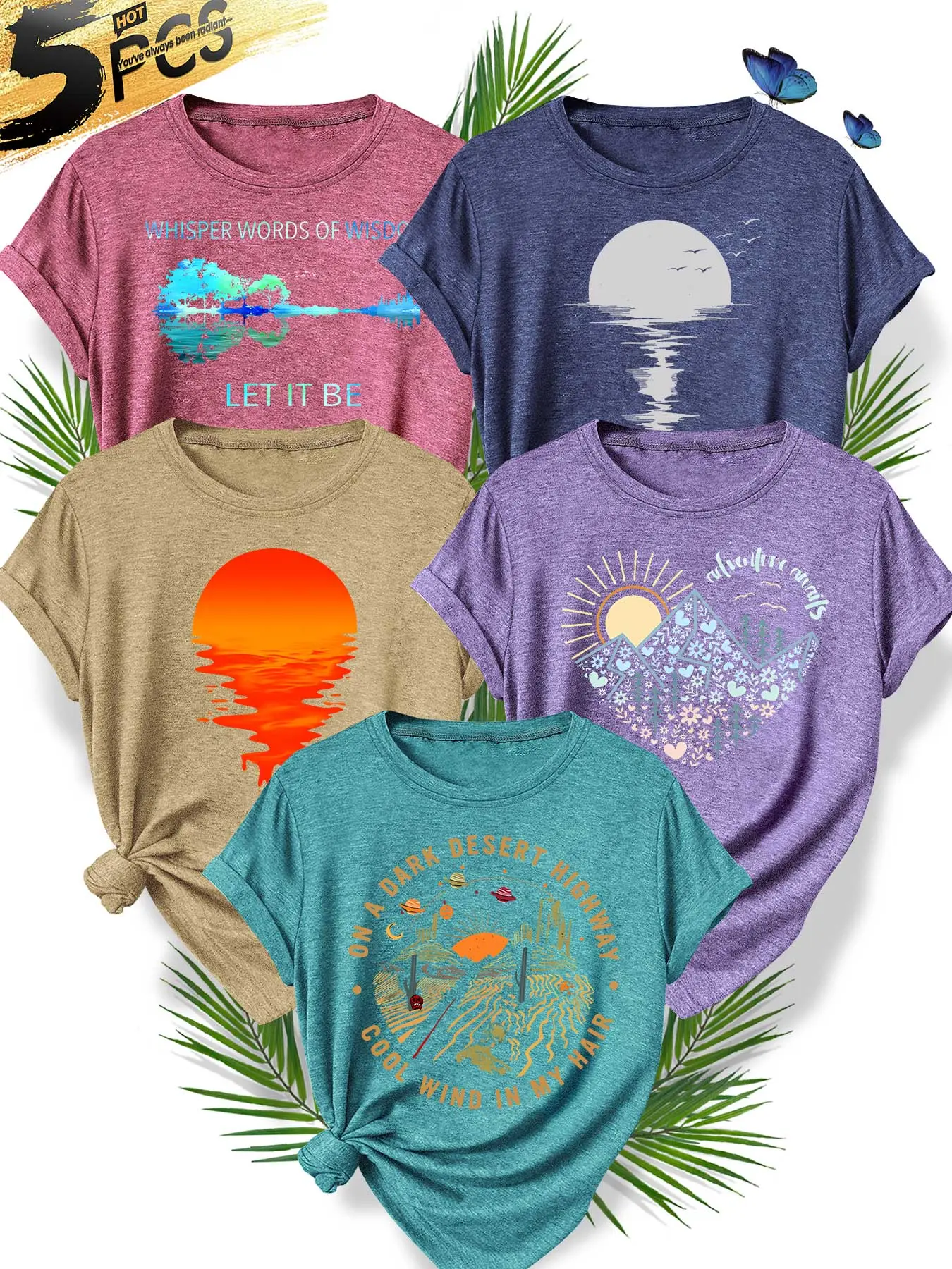 5Pcs Women Crew Tee, Round Neck, Heart Mountain & Desert Highway Print, multi-color, washable, soft summer top, casual tops, Casual