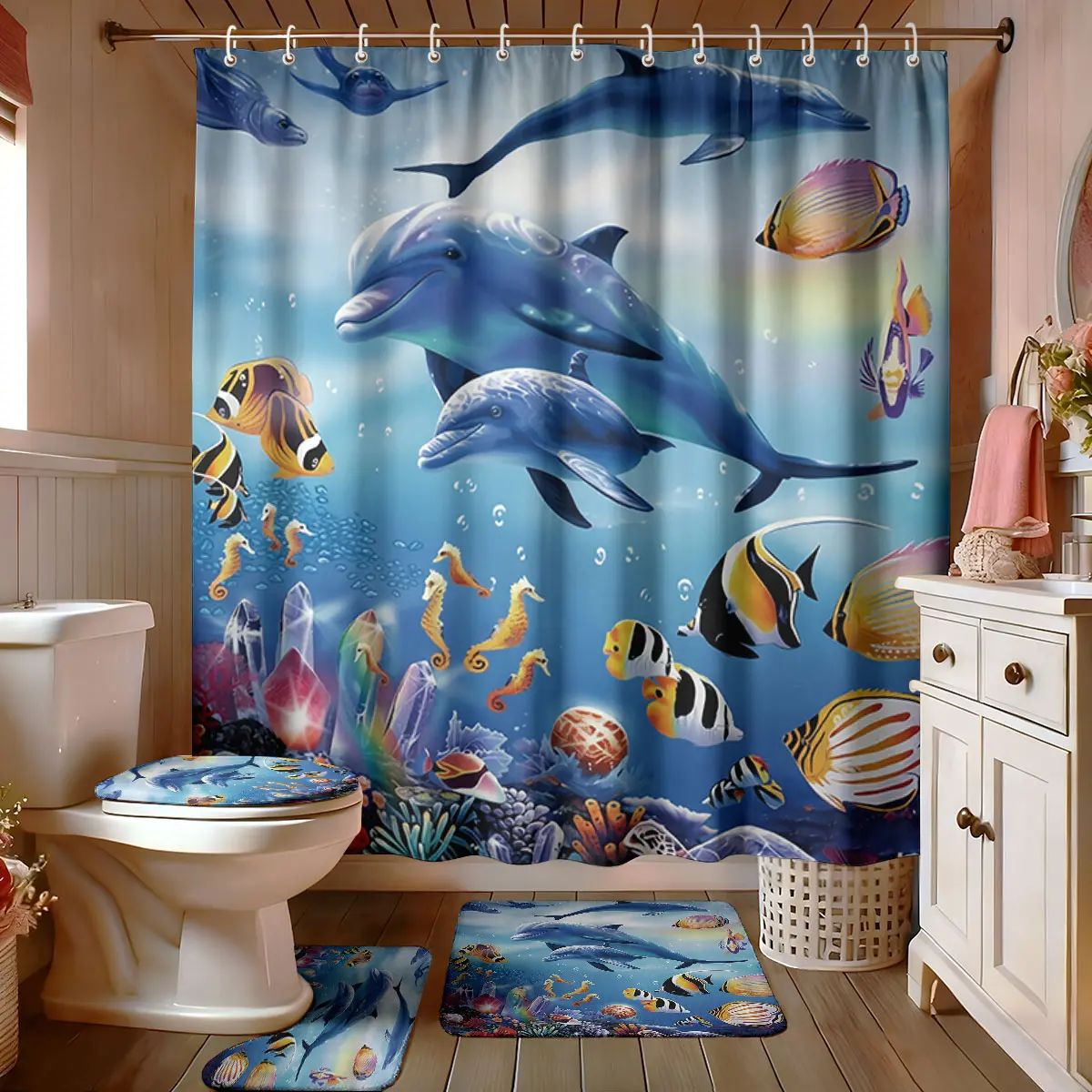 4PCS Underwater World Dolphin Fish Bathroom Set, including a non-slip mat, toilet seat, and bath mat. A modern bathroom decoration, featuring a bathroom set with 12 hooks.
