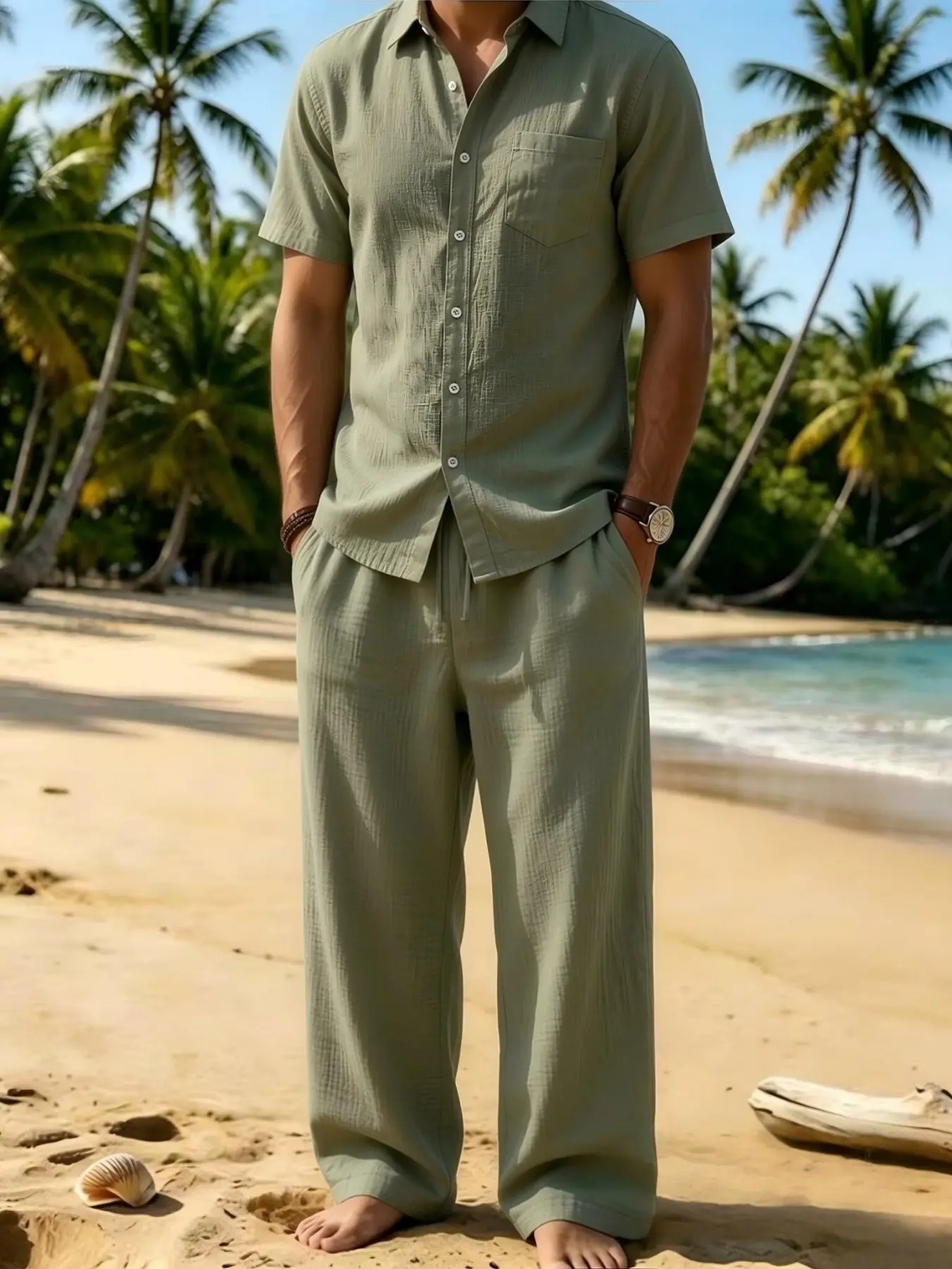 Men's 2-piece linen short-sleeved shirt and straight-leg pants set, loose fit, suitable for casual outings, vacations and office wear, 8 colors, perfect gift for him for summer outings, beach vacations and travels