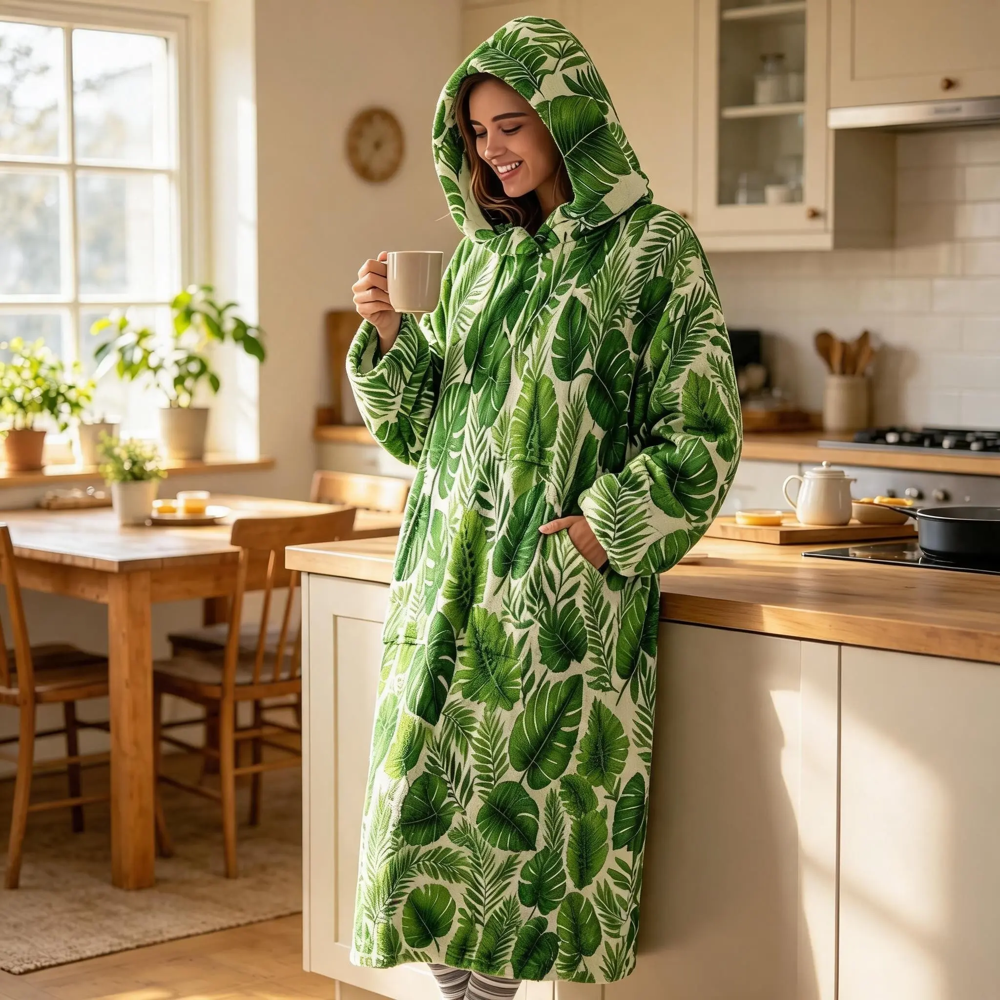 Tropical Monstera Leaf Hooded Wearable Blanket, Breathable Flannel, Lightweight Warm, Casual Loose Fit, Ideal for Home & Outdoor Use
