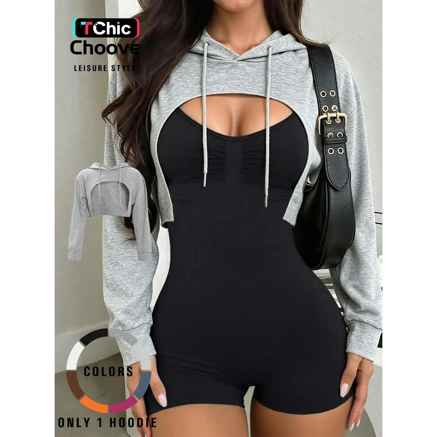 Women's Short Hooded Drawstring Sweatshirt, Casual Loose-Fit Pullover, Thin Kint Fabric, All Seasons Wear, Versatile Layering Piece