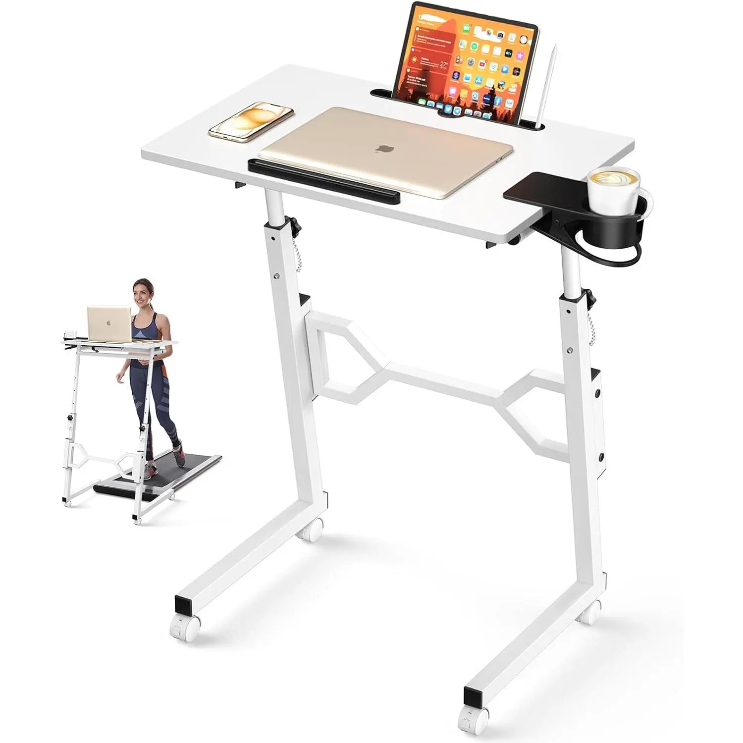 Small Standing Desk with Wheels, Portable Treadmill Desk, Rolling Desk Adjustable Height for Laptop, Mobile Standing Table for Walking Pad, Bedside Table