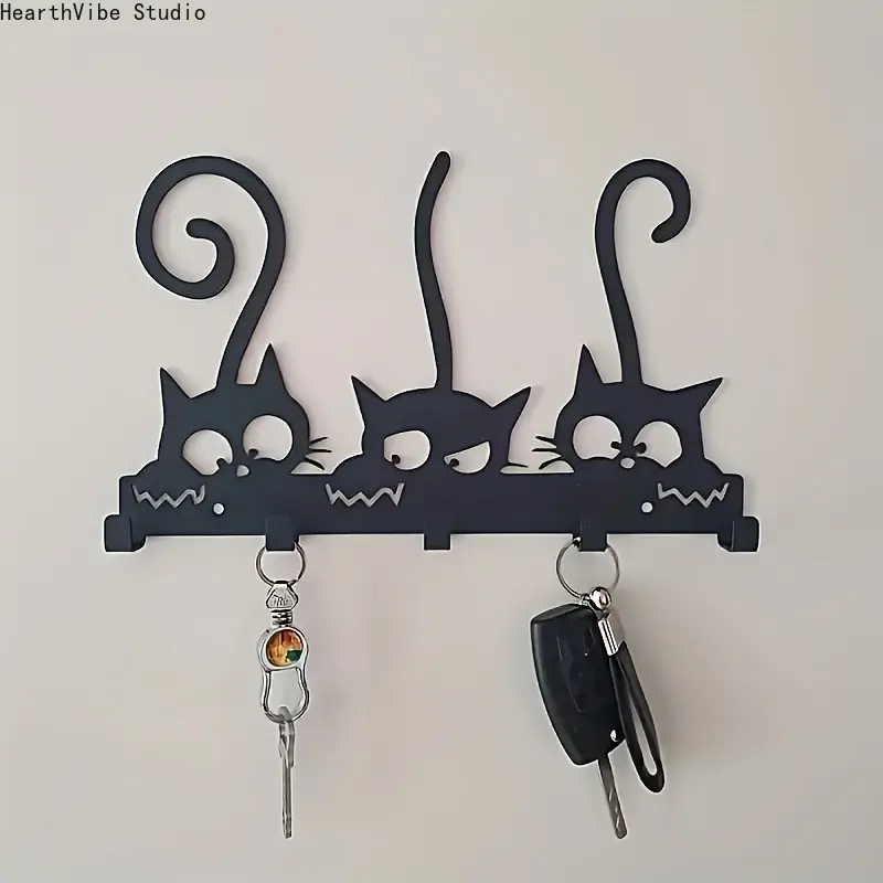 Traditional-Style Metal Cat Wall Hook, Rustproof Iron Key Holder with 5 Decorative Hooks - Wall Mount Storage Rack for Keys, Hats