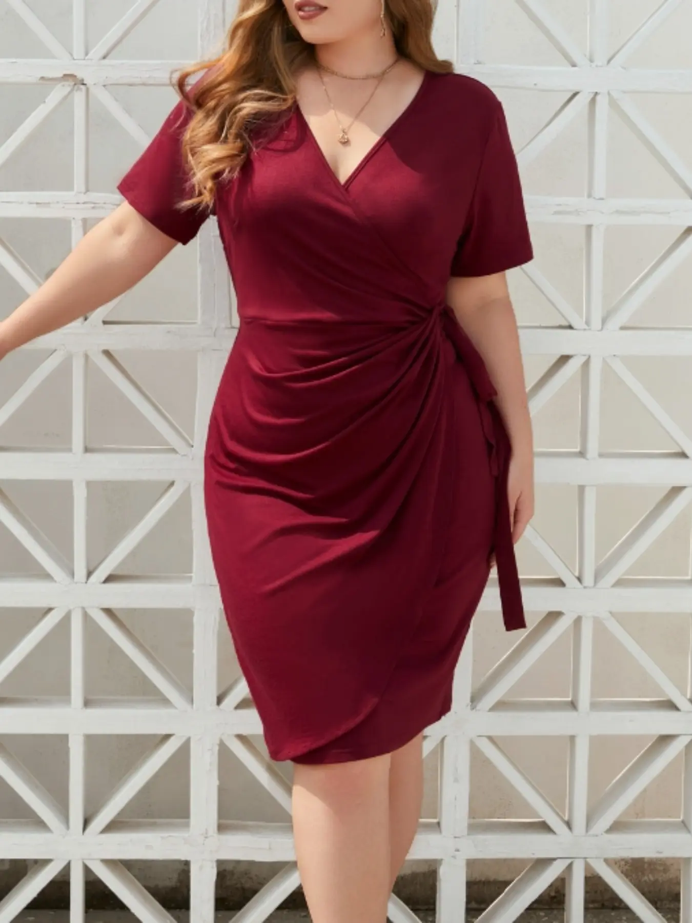 Women's Wine Wrap Dress, Short Sleeve Deep V Neck, Side Ruched Tie Waist, Elegant Chic Summer Dress, Plus Size Fashion
