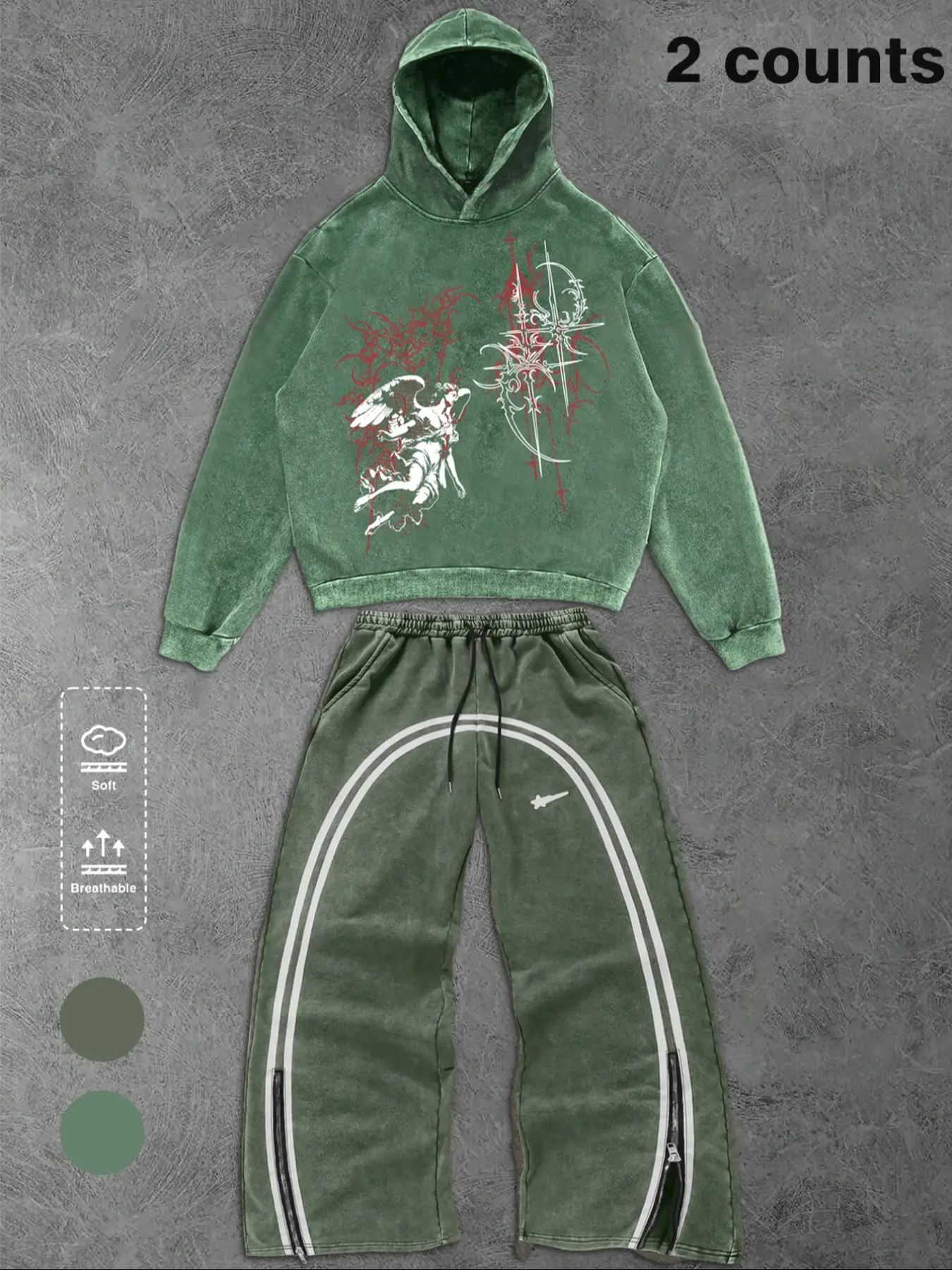 Men's Running Set Hoodie and Pants, Y2K Street Style, Angel Print, Hip Hop Fit, Comfortable Design, Perfect for Running, Graphic Tracksuit Set, Hooded Tracksuit Set, Casual Loose Tracksuit