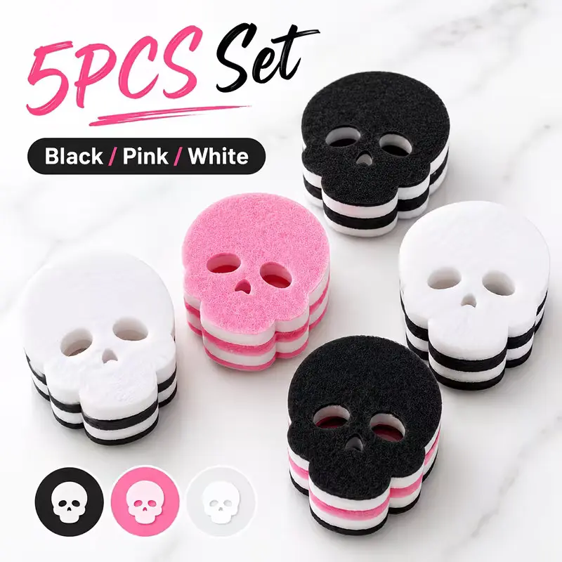 Halloween Skull Shape Dish Sponge Set, 5 Random Colors, Reusable Kitchen Scrubbers, Absorbent Bubble Brushes for Pots, Dishes, Sink, Stove Cleaning