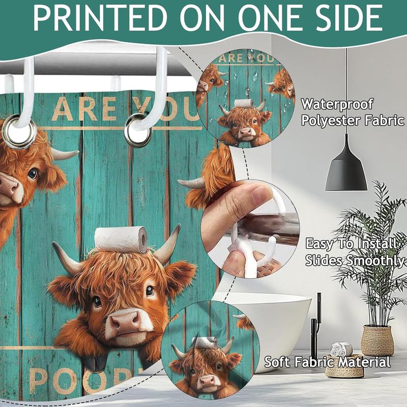 PAUSEBOLL Vintage Funny Highland Cow Shower Curtain with 12 Hooks, Retro Farmhouse Green Plank Door Bath Curtain for Farmhouse Highland Cow Bathroom Decor Waterproof Fabric,