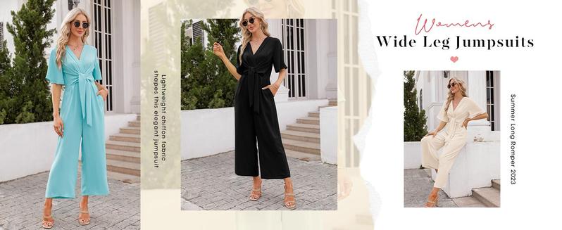 Imily Bela Womens Wide Leg Jumpsuits Short Sleeve Tie Knot Front Summer casual cute Long Romper
