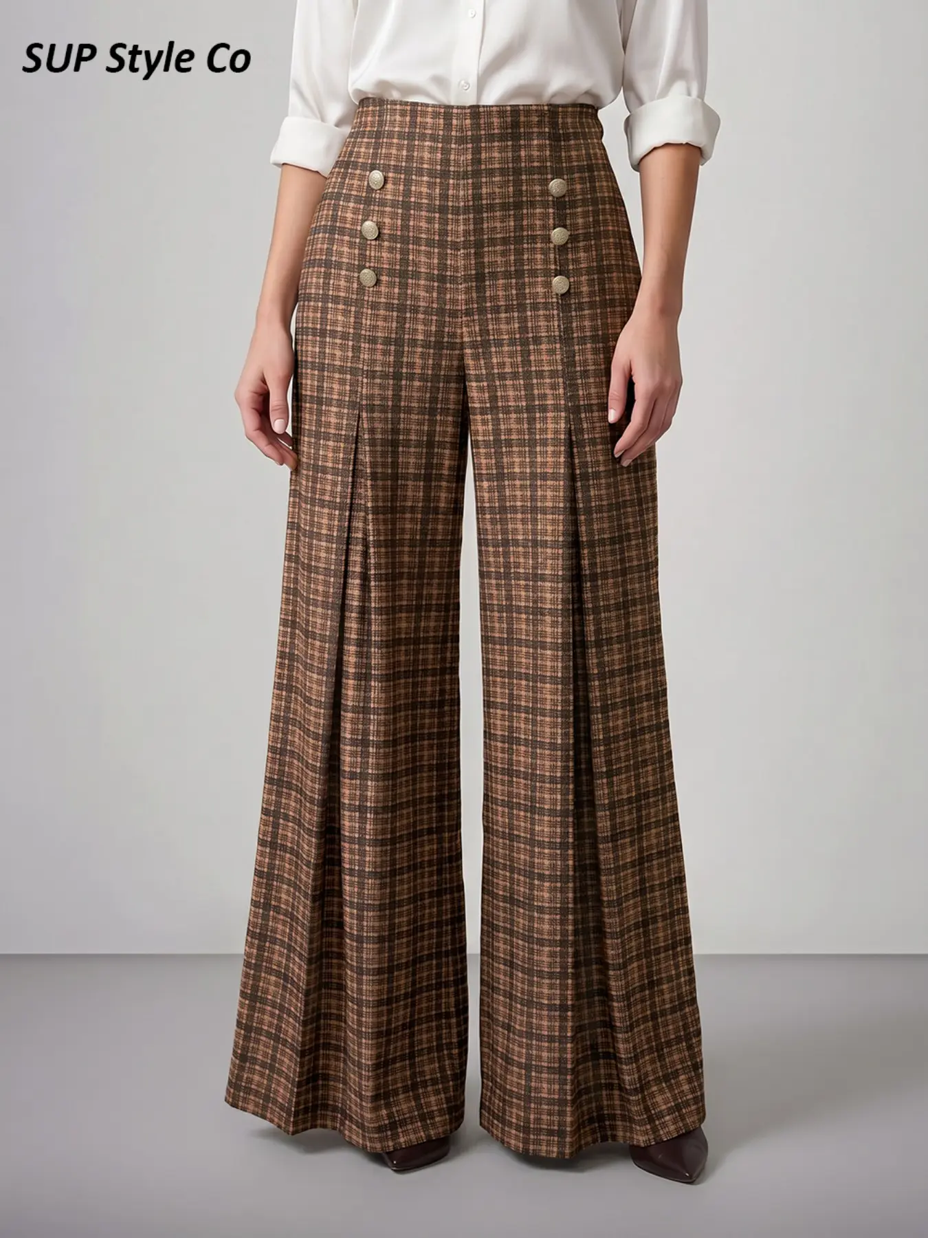 Plaid Pleated Metal Button Wide Leg Pants for Women, Vintage Elegant Casual Design, Suitable for Office Commute, Luxury Dinner, Retro Social Events