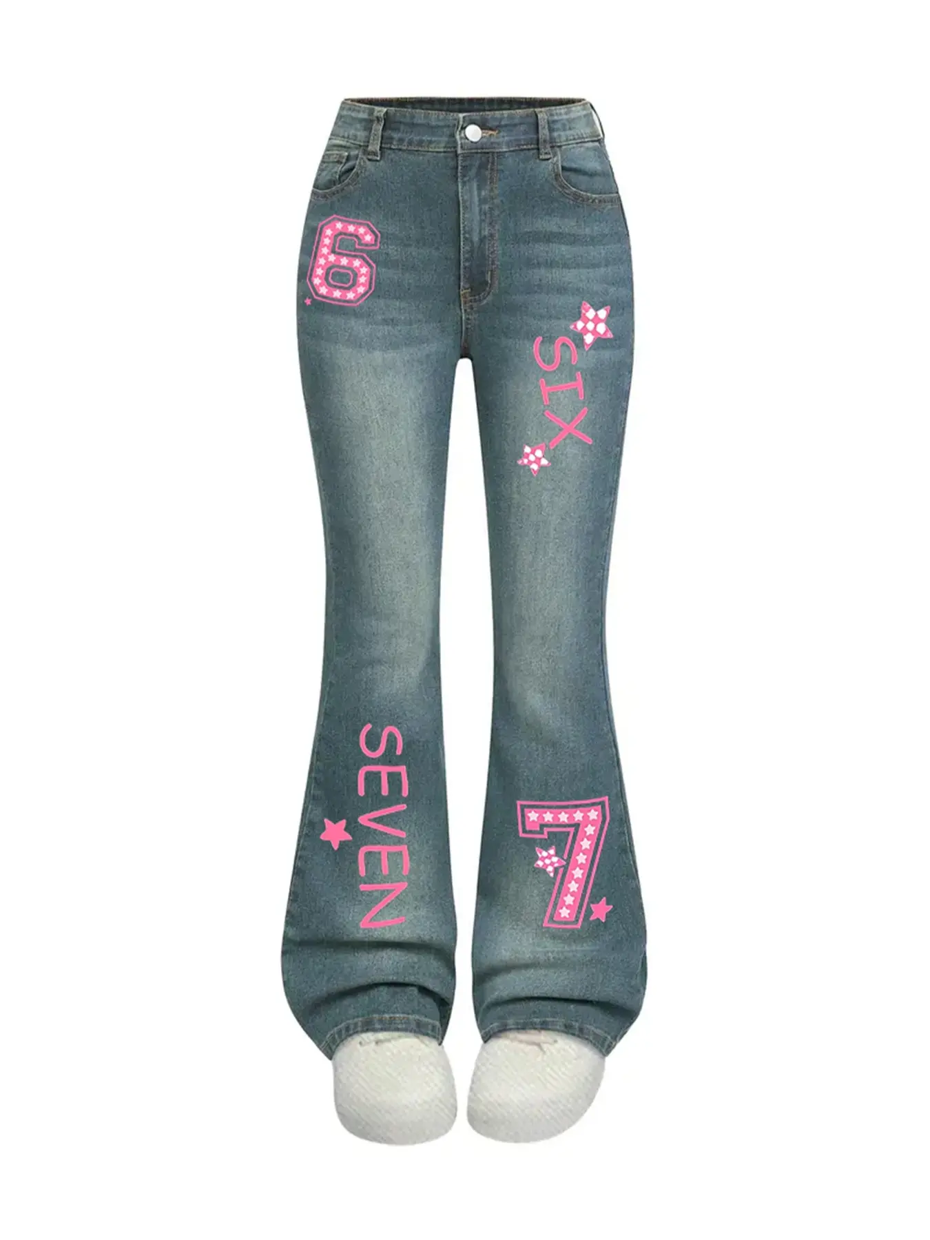 Teen Girl Y2K High Waist Bell Bottom Jeans, Kick Flare Jean, Flare Leg Denim, Vintage Blue Washed Denim, Star Letter Print, Casual Streetwear, Slim Fit, All Seasons