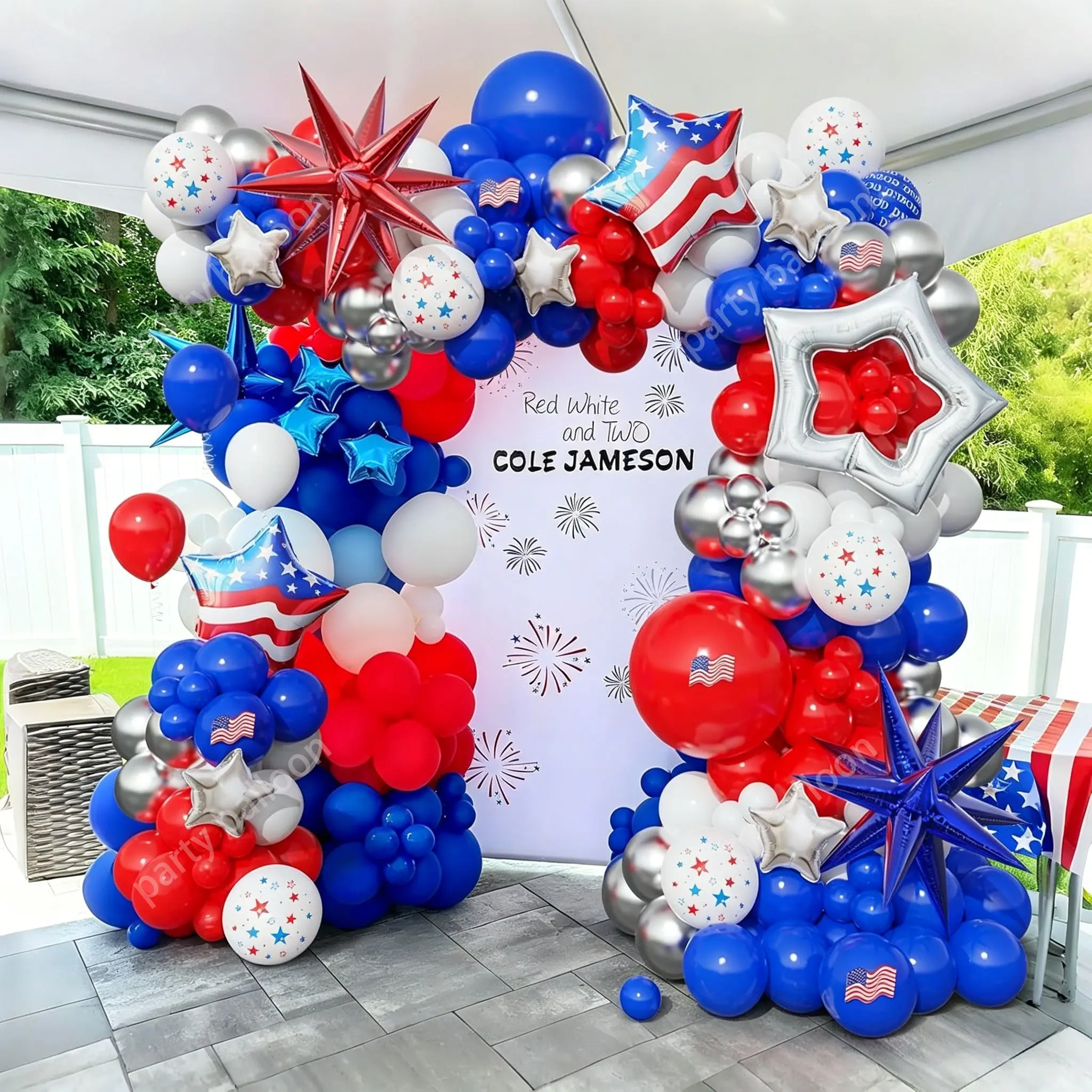 144-Piece Independence Day Patriotic Balloon Arch Set, Blue Latex Balloons, Silver Color Balloons, Flag Stars, Party Decorations, Balloons Arch Kit