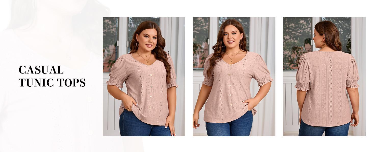 【XL-5XL】Plus Size Curve Imily Bela Curve Womens Plus Size Tunic Tops V Neck Short Puff Sleeve Tops Casual Summer Eyelet Blouses