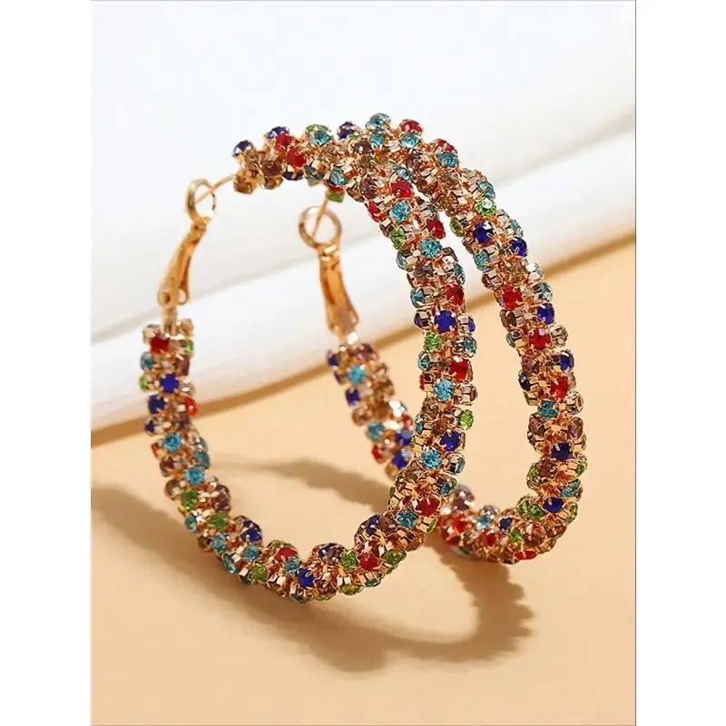 Statement Colorblock Hoop Earrings for Women, Colorful Rhinestone Hypoallergenic Jewelry, Elegant Bling Stylish Fashion Earrings