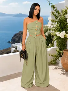 Elegant Strapless Crop Top High Waist Pleated Wide Leg Trousers Two Piece Set Women Party Daily Matching Outfit Vacation Resort Wear