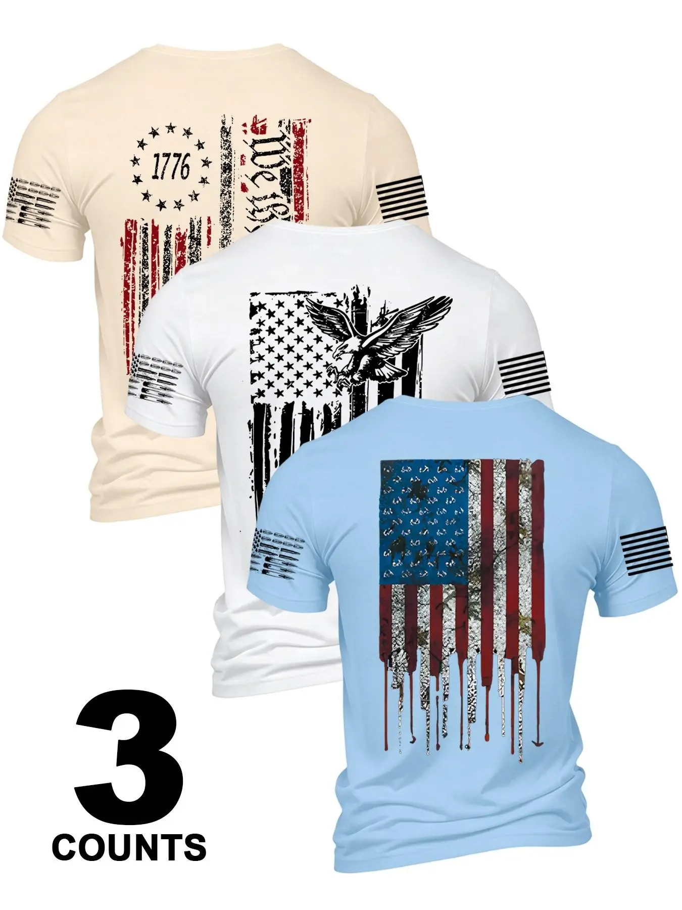 3-Pack American Patriotic Men's Short Sleeve T-Shirts, Casual Sports T Shirt, Comfortable and Durable Daily Wear, Perfect Gift for Him, Sporty Style Tops