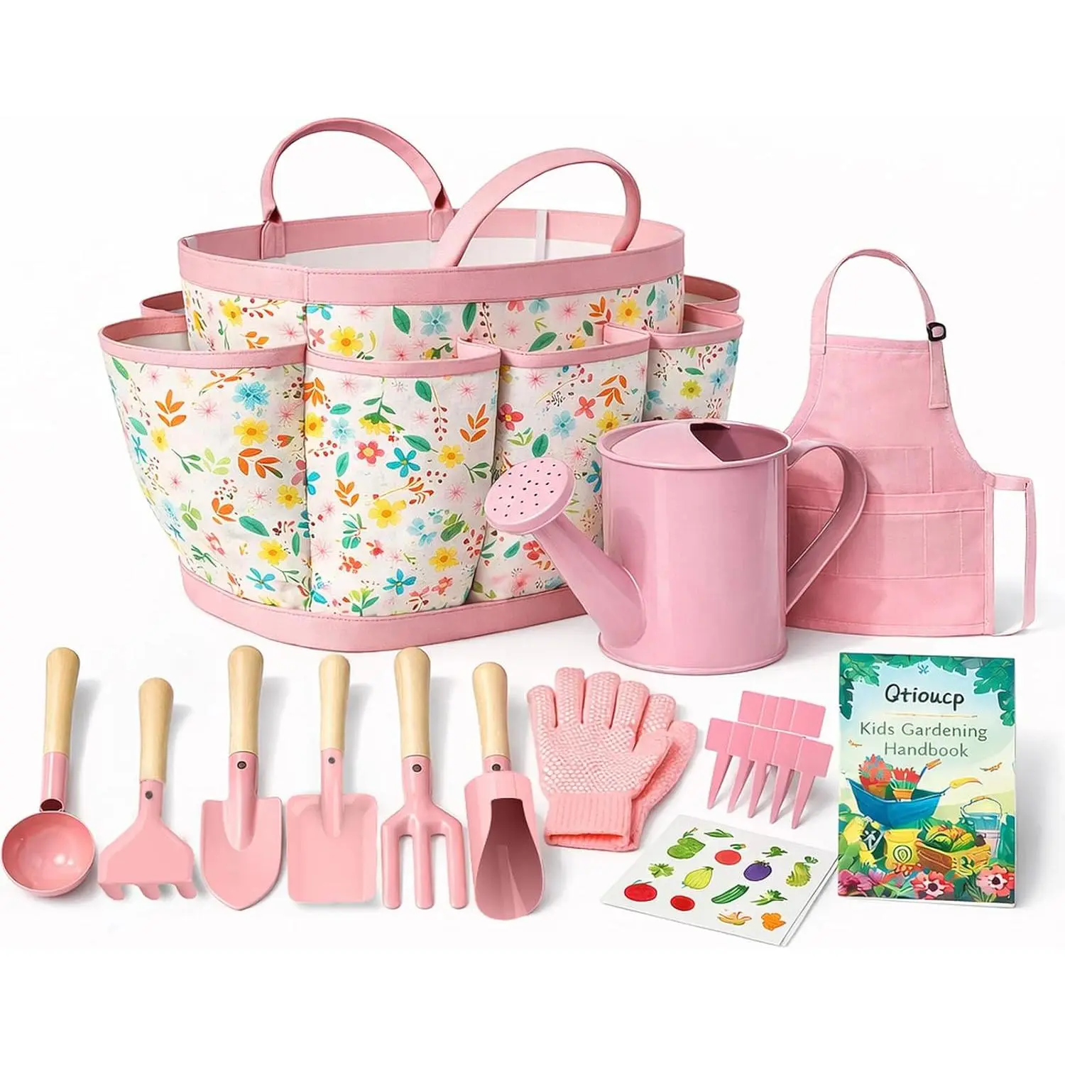 Kids Gardening Set 14Pcs Garden Tools with Tote Bag,Watering Can, Shovel, Apron, Garden Book and More Educational STEM Learning Outdoor for Toddlers Boys Girls (Floral)Gift.