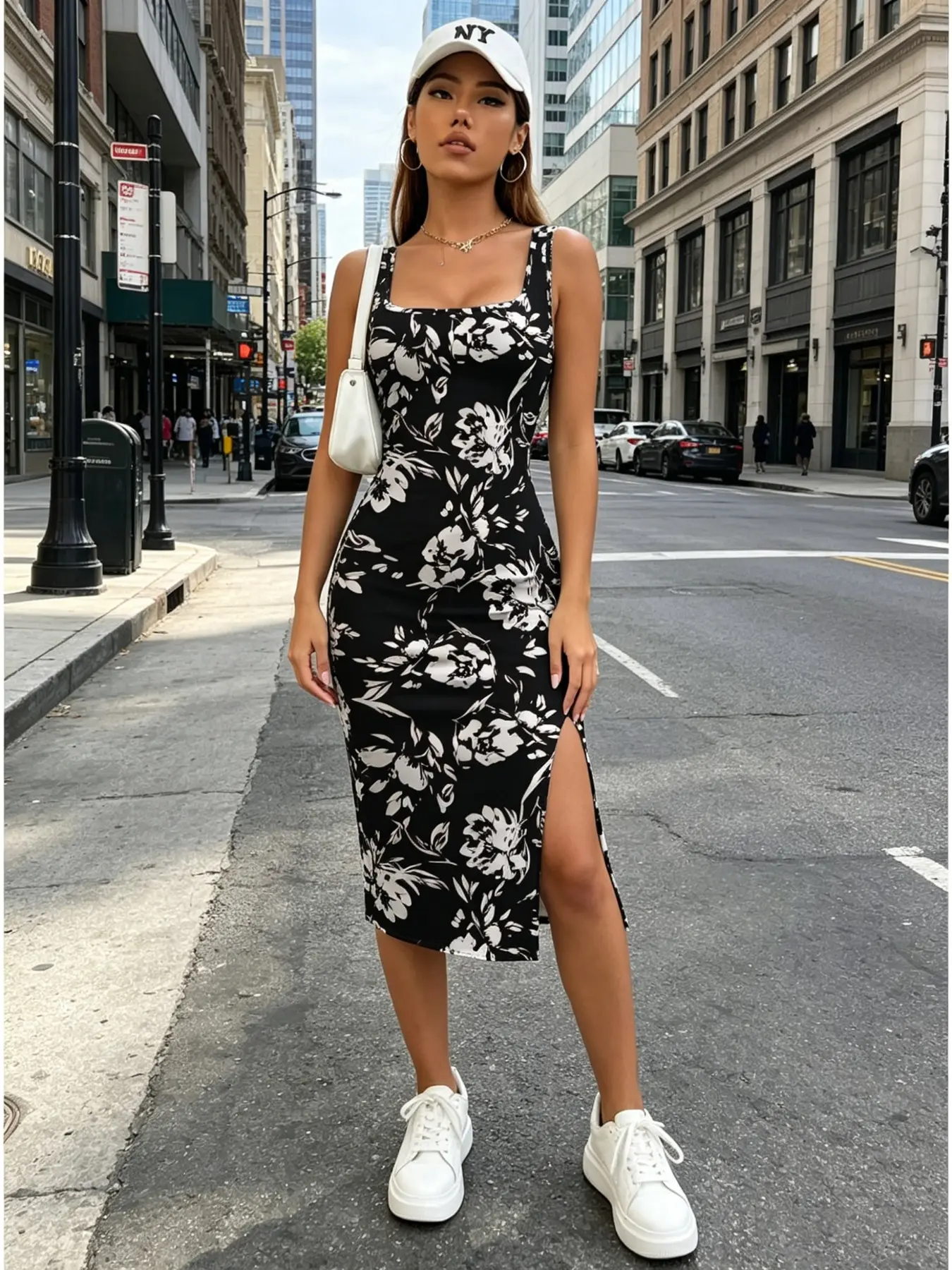 Women's Vintage Floral Split Thigh Tank Midi Dress, Boho Printed Floral, Trendy Summer Resort Fashion, Figure-Hugging Silhouette, Beach Vacation