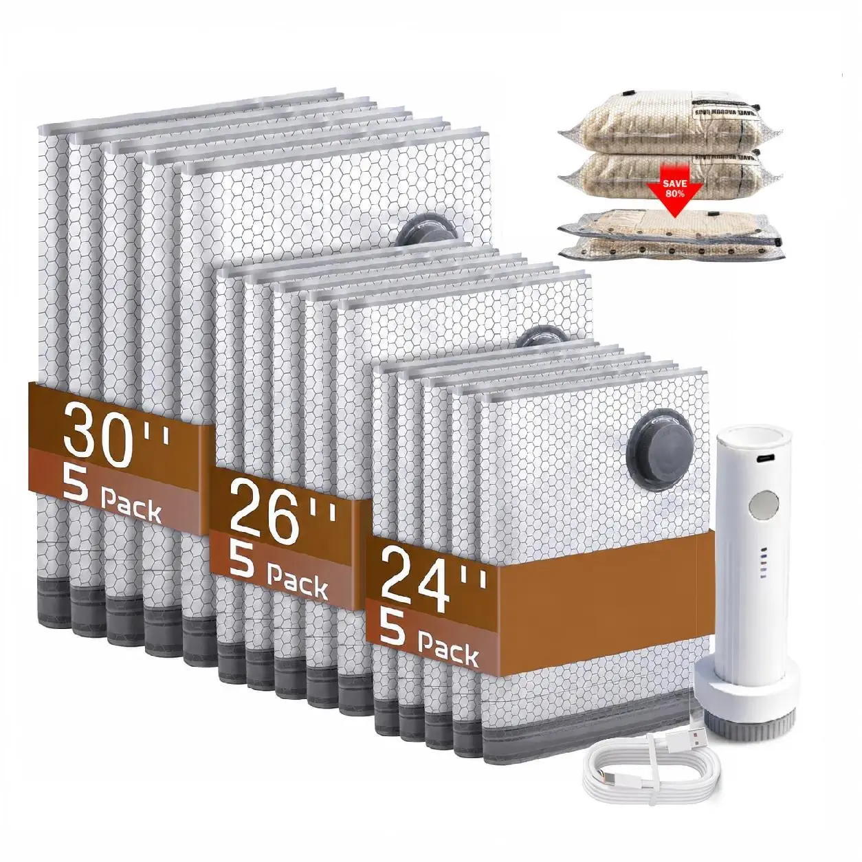 [2026 Upgraded] X7 Cordless Travel Compressed Storage Bags Set with Rechargeable Air Pump, 15-Pack Waterproof Reusable Organiser Bags (3 Sizes), 140L/Min Powerful Air Removal, Dustproof for Carry-On Suitcases, Dustproof Storage Bags
