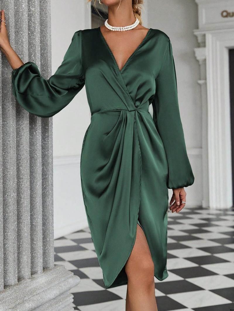 Dress satin hem body sleeve wrap lantern Clasi SHEIN