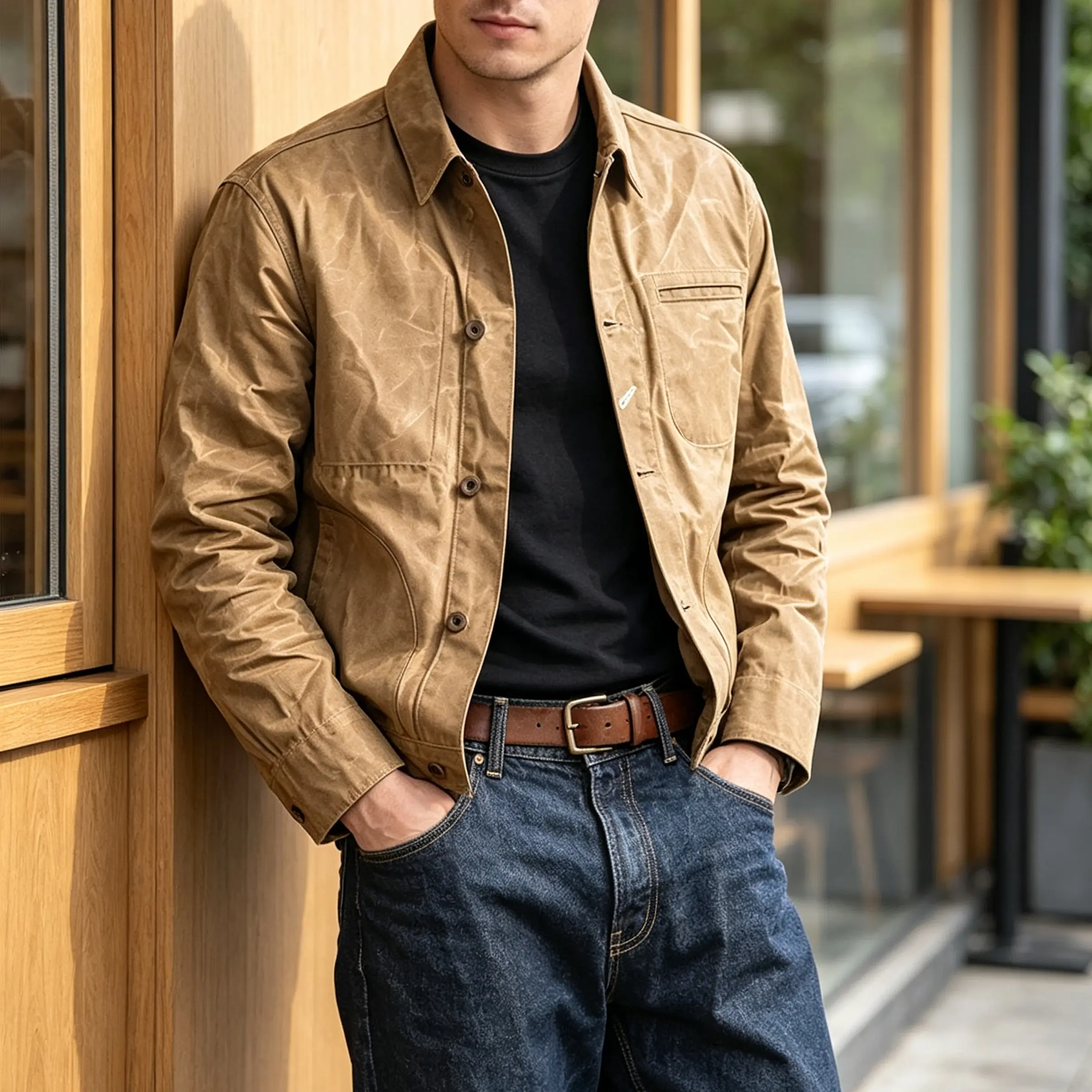 Men's Classic Plain Waxed Canvas Jacket - Heavyweight Amekaji Workwear Coat, American Retro Hard Outerwear Tops, Men's Clothing, Vintage Yellowstone Beige Menswear