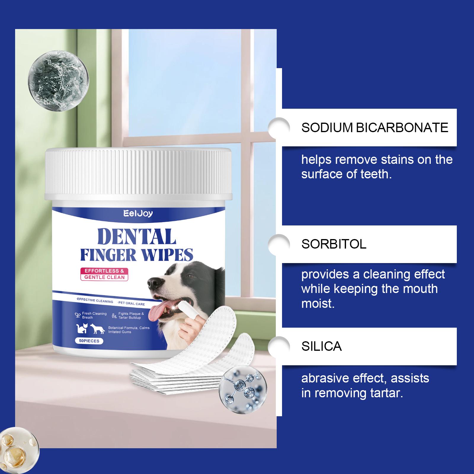 EelJoy Dental Finger Wipes for Pets - Gentle Ingredients for Oral Health - Remove Stains Whiten Teeth Reduce Tartar Plaque - 60 Pieces - Sodium Bicarbonate & Sorbitol Formula