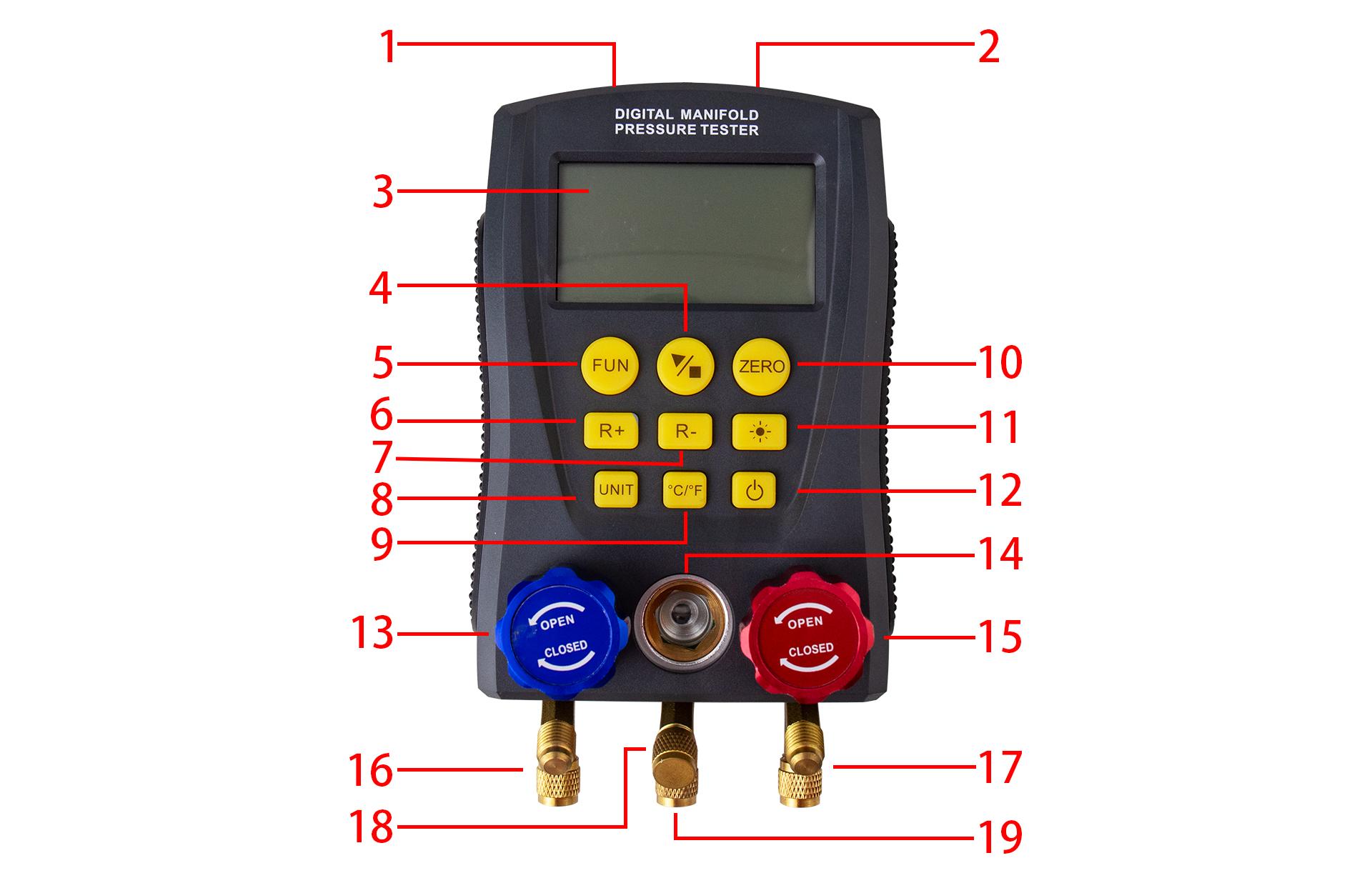 Digital Manifold HVAC Gauge Set,93 Refrigerants Dual Pressure&Temp Test with Temperature Clips and Hoses Vacuum AC Gauges for R1234YF R134A R404A R410A R32 R744
