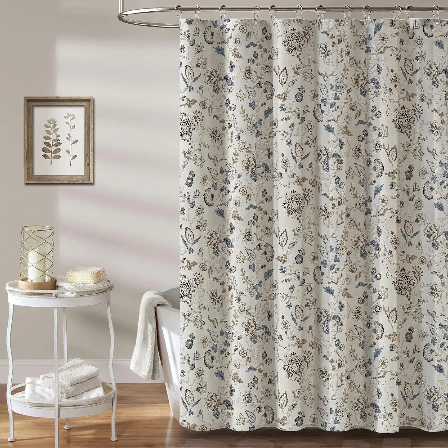 Vintage Farmhouse Linen Shower Curtain,Botanical Floral Toile Shower Curtain,Colorful Leaves Bath Curtains Shower,Boho Flower Plant Neutral Bathroom Decor (Vintage Flower Blue)