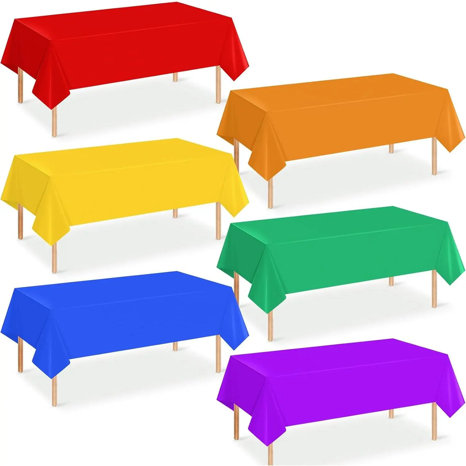 Disposable Plastic Tablecloths (6-Pack, 6 Rainbow Colors) - Waterproof, Stain-Resistant, Smooth 54x108 Inch Rectangle Covers for 8-10 Seats Tables, Pet-Friendly Party Decorations