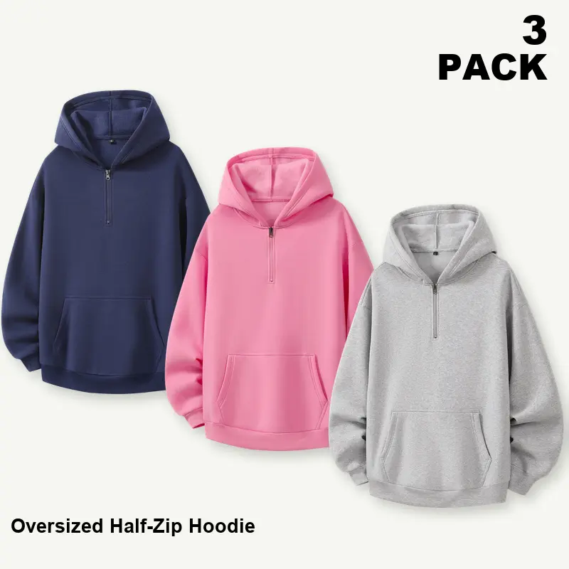 3-Pack Half Zip Hoodies, Long Sleeve Hooded Pullover Sweatshirts with Kangaroo Pocket, Mixed Assorted Colors, Comfortable Daily Wear Layers, Sizes S-XXL