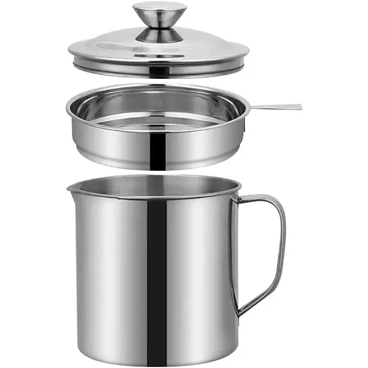 1.3L Cooking Oil Strainer Container Bacon Grease Saver Container Grease Fat Filter Container Stainless Steel Oil Keeper Used Oil Storage Container with Lid for Kitchen