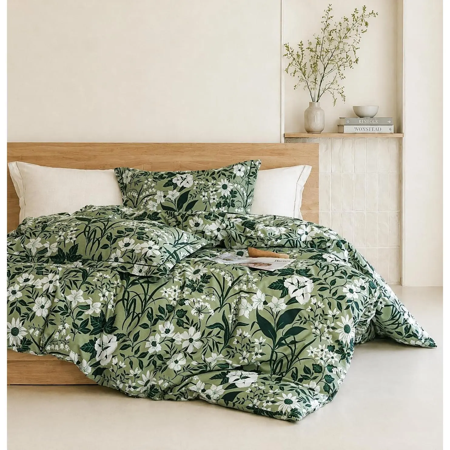 Floral Comforter Queen Size - 100% Cotton Green Comforter Set 3pcs, Leaf Print Soft Hypoallergenic Bedding Set