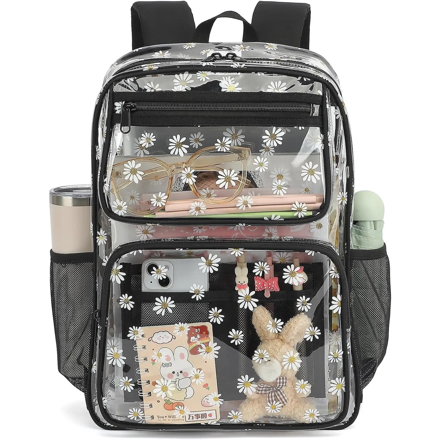 Daisy Clear Backpack for Girls Women, Heavy Duty Transparent School Backpack See Through Bookbag (Black)