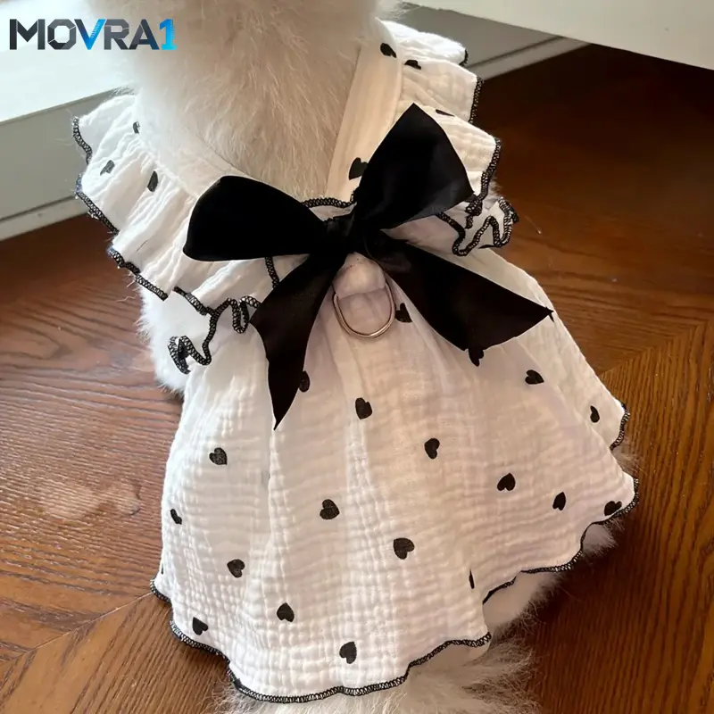 MOVRA1 New 1-Piece Pet Dress - Bow Detail, Heart Print, Love Theme, Multi-Size Dog & Cat Apparel for Teddy, Bichon, Pomeranian Puppies, One-Piece